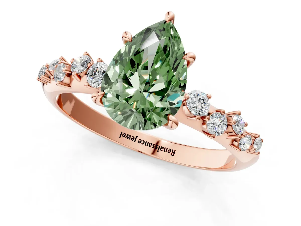 Fancy Green Pear Cut Diamond Cluster Side Stone Solitaire Ring with Prong Setting Rose gold