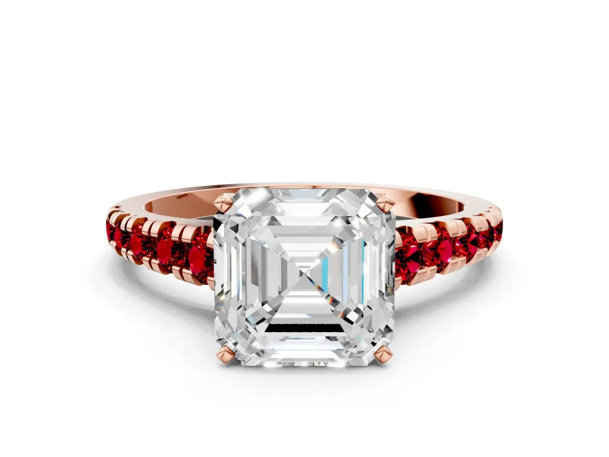 Asscher Cut Diamond Cathedral Solitaire Ring with Round Ruby Pavé Band Rose gold