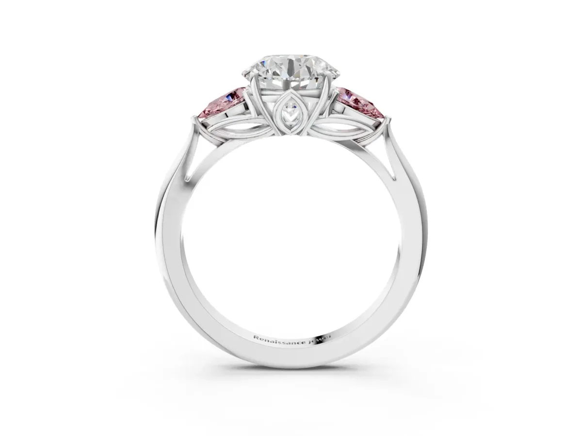 Round Cut Diamond Three-Stone Ring with Pear Morganite Side Stones and Prong Setting Silver
