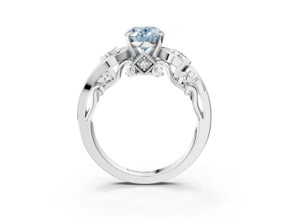 Fancy Blue Oval Cut Diamond Solitaire Ring with Milgrain Pavé Band and Four-Prong Setting Silver