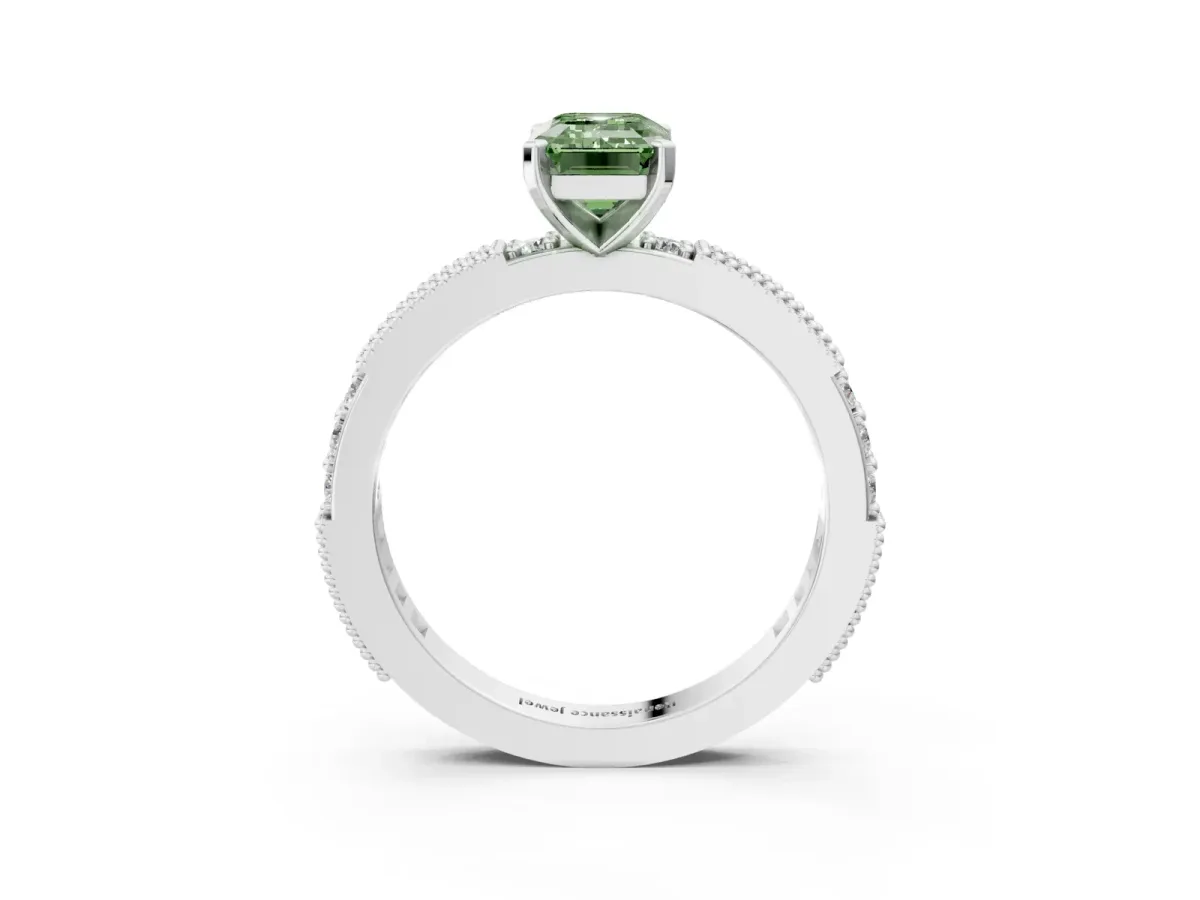 Fancy Green Emerald Cut Solitaire with Pavé Band and Four-Prong Setting Silver