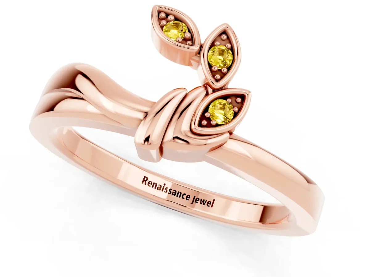 Three-Stone Round Yellow Sapphire Leaf Bypass Ring with Bezel Setting Rose gold