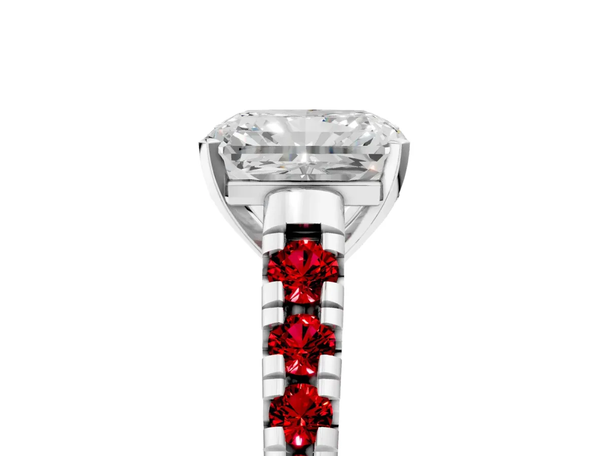 Radiant Cut Diamond Cathedral Solitaire Ring with Round Ruby Pavé Band White gold