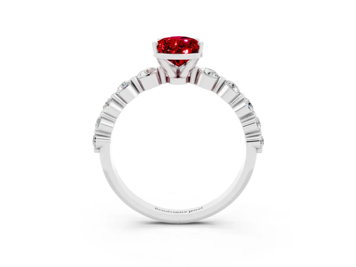 Pear Cut Solitaire Ruby Ring with Pave Band and Four-Prong Setting Platinum