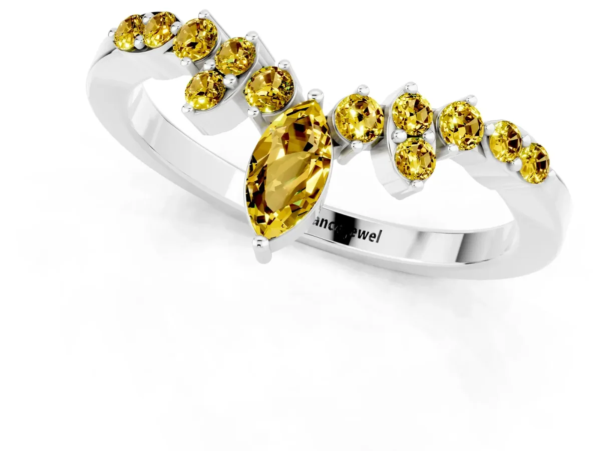 Marquise and Round Yellow Sapphire Chevron Band with Prong Setting Silver