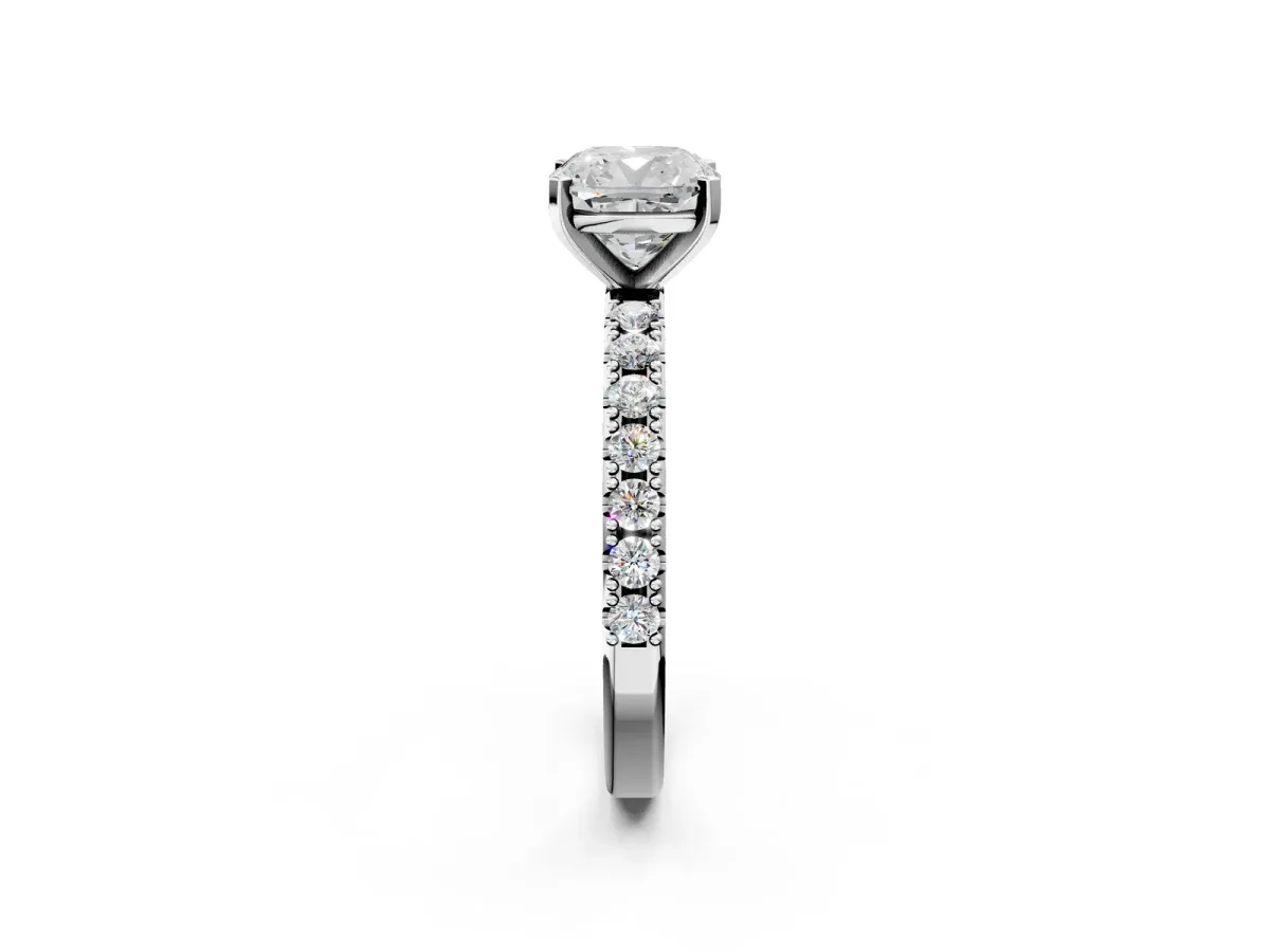 Cushion Cut Diamond Solitaire Pavé Band with Four-Prong Setting Platinum