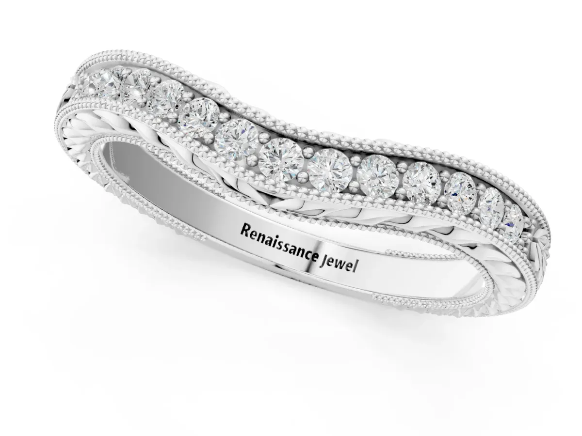 Milgrain Round Diamond Curved Eternity Band with Pavé Setting Silver