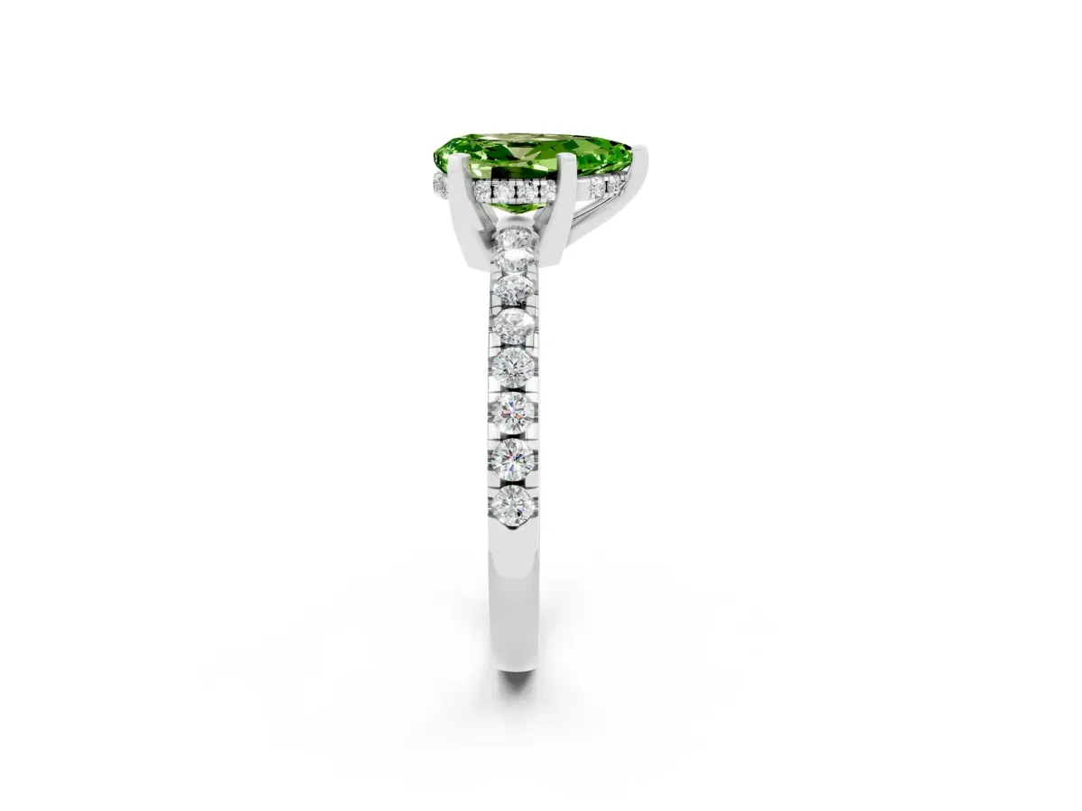 Pear Cut Peridot Solitaire Ring with Round Pavé Band and Four-Prong Setting Silver