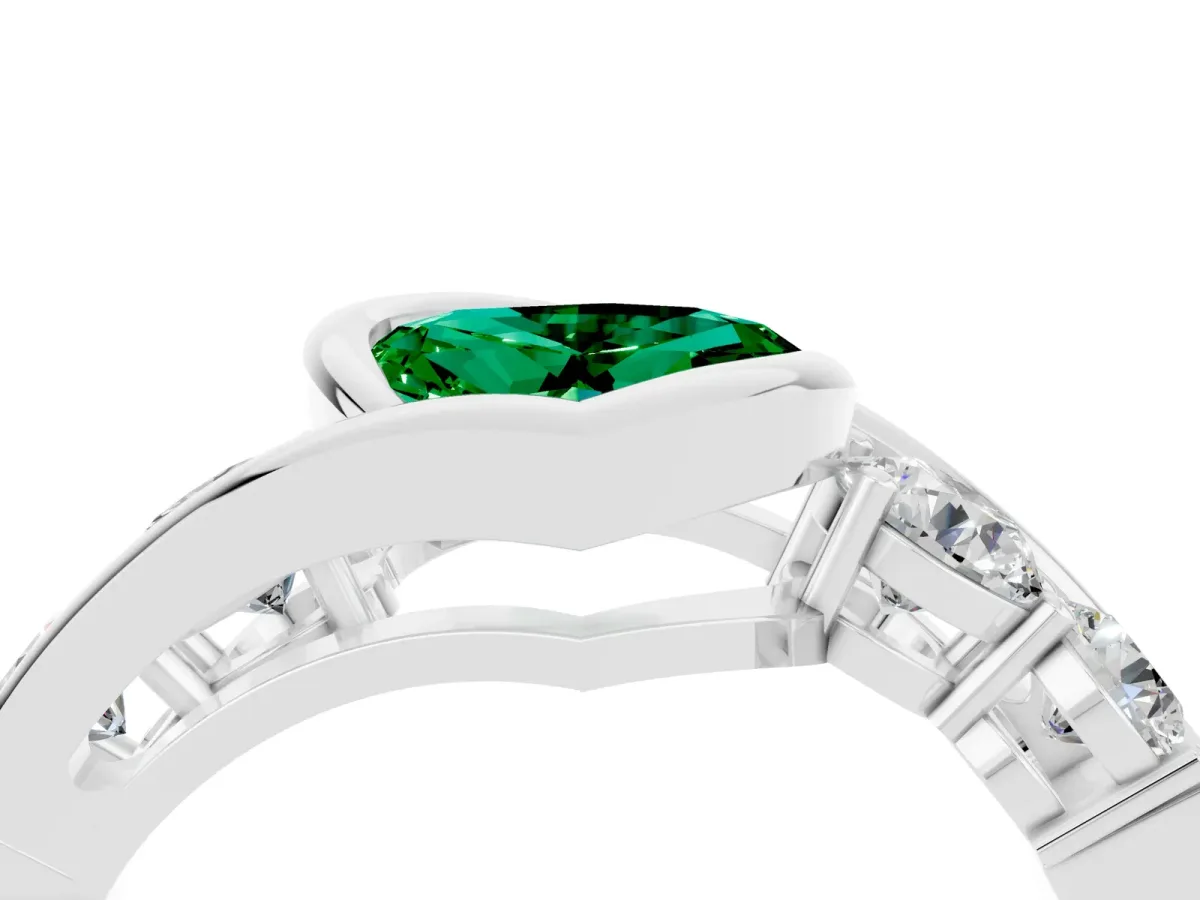Bezel Set Heart Cut Emerald Bypass Ring with Round Accents Silver