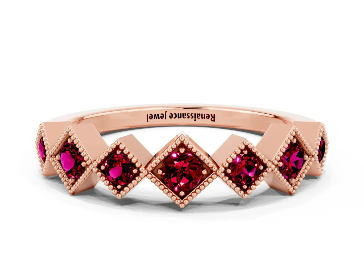 Milgrain Square Bezel Round Garnet Chevron Band Rose gold