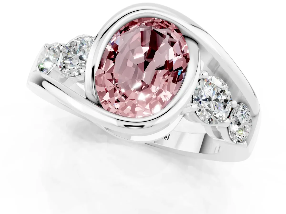 Bezel Set Oval Cut Morganite Bypass Ring with Round Accents Silver