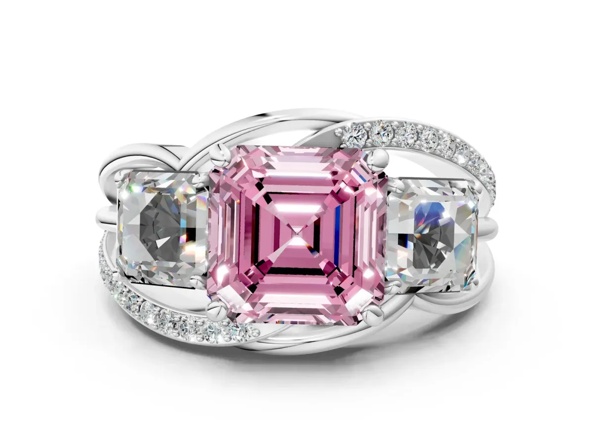 Fancy Pink Three-Stone Asscher Cut Cut Diamond Split Shank Prong Set Ring Platinum