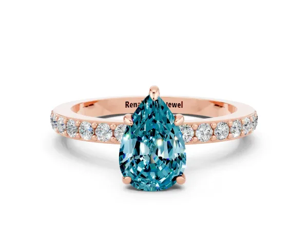 Pear Cut Blue Topaz Solitaire Engagement Ring with Pavé Band and Four-Prong Setting Rose gold