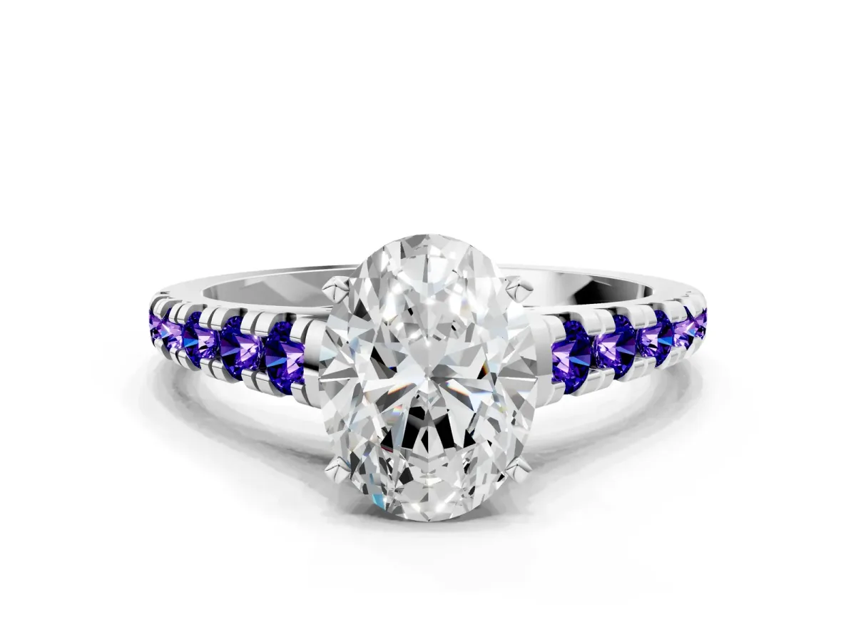 Oval Cut Diamond Cathedral Solitaire Ring with Round Tanzanite Pavé Band Silver