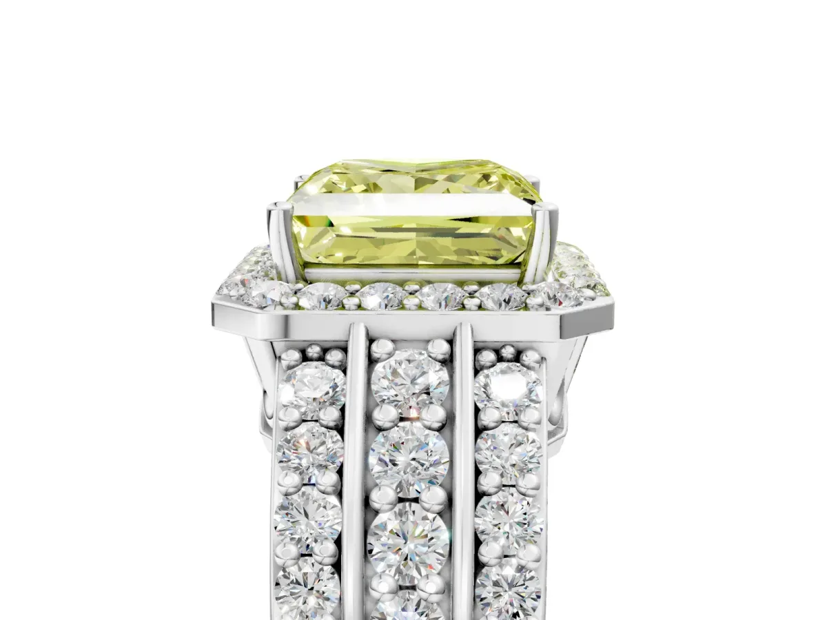 Fancy Yellow Princess Cut Halo Diamond Ring with Round Split Shank and Prong Setting Silver