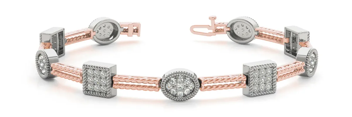Pavé Round and Square Diamond Rope Bracelet with Bezel Setting Rose gold