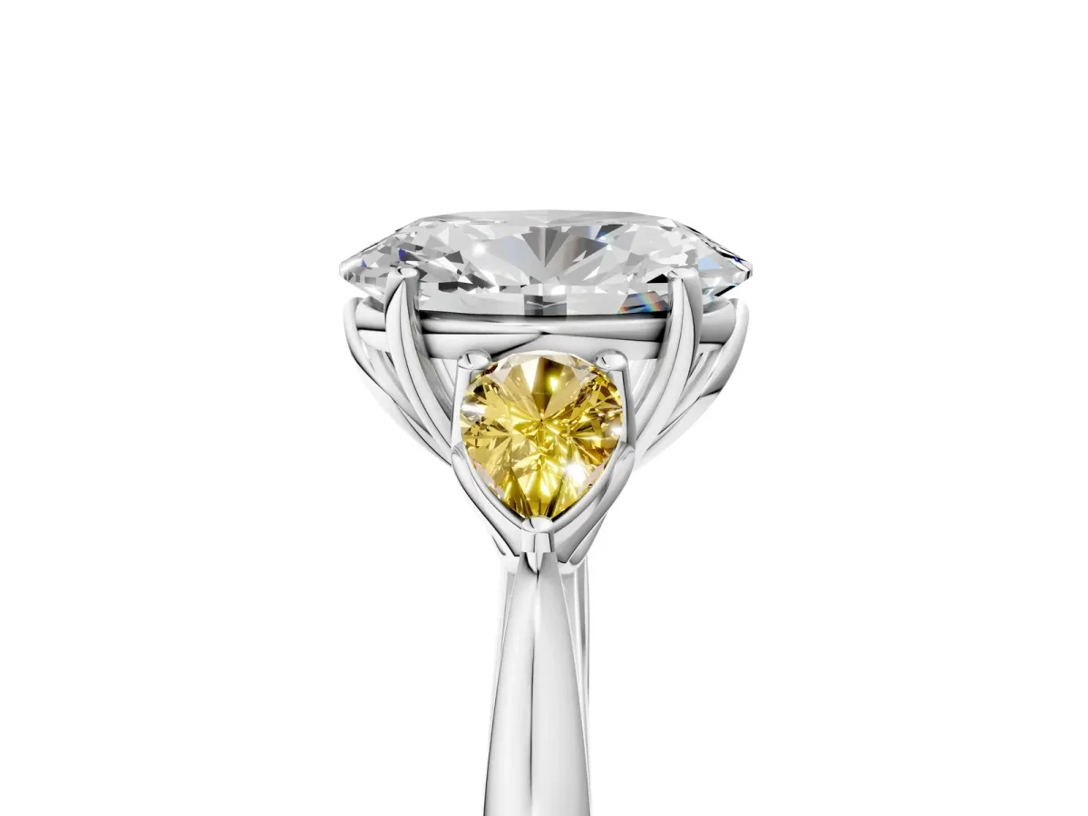 Oval Cut Diamond Three-Stone Ring with Pear Yellow Sapphire Side Stones and Prong Setting Silver