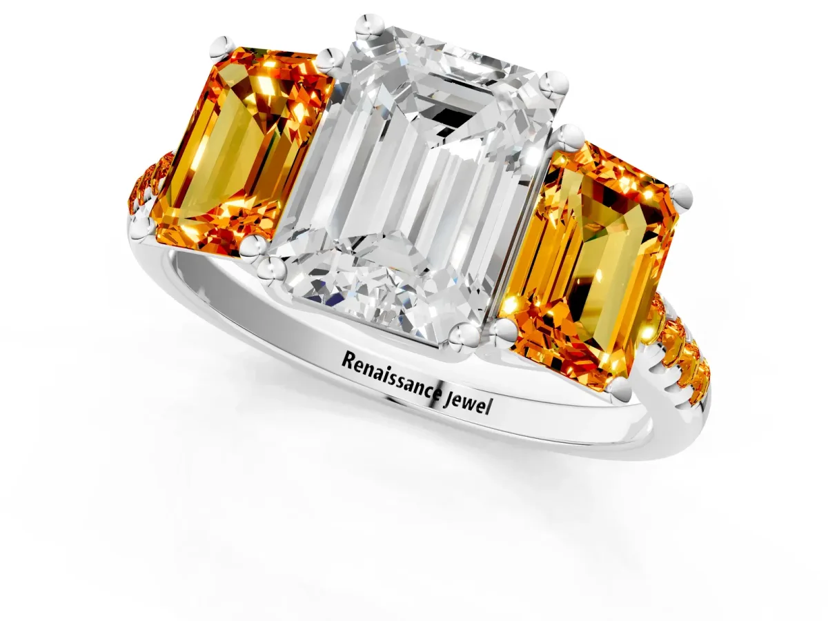 Three-Stone Emerald Cut Diamond Ring with Round Citrine Pavé Band and Prong Setting Silver