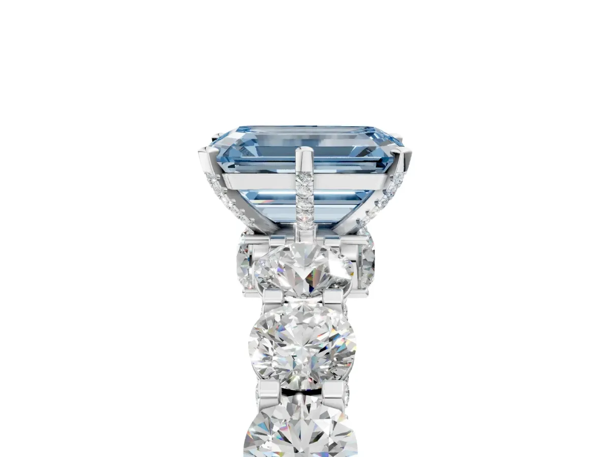 Fancy Blue Emerald Cut Diamond Side Stone Engagement Ring with Four-Prong Setting White gold