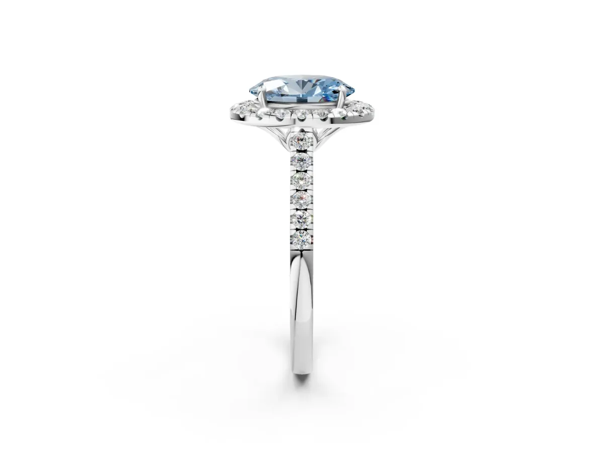 Fancy Blue Oval Cut Halo Pavé Diamond Engagement Ring with Four-Prong Setting Silver