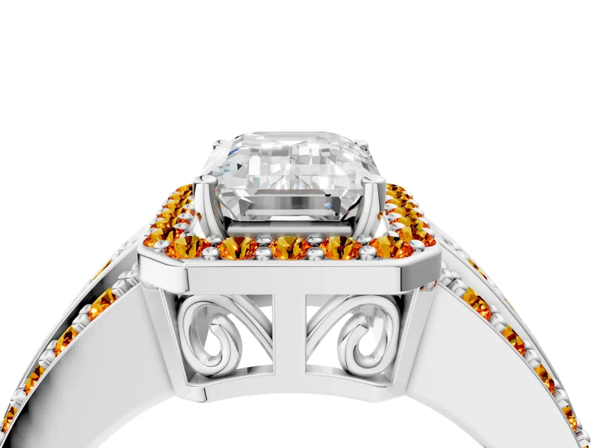 Emerald Cut Halo Diamond Ring with Round Citrine Split Shank and Prong Setting Silver