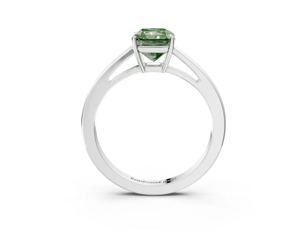 Fancy Green Radiant Cut Solitaire Diamond Ring with Split Shank and Four-Prong Setting Platinum