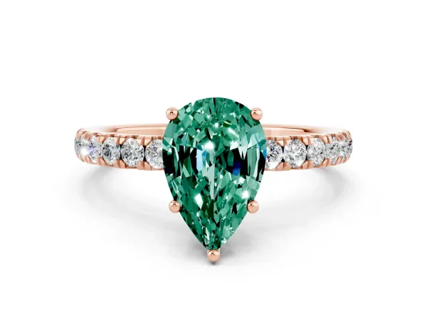 Pear Cut Green Sapphire Pave Band Solitaire Ring with Round and Prong Setting Rose gold