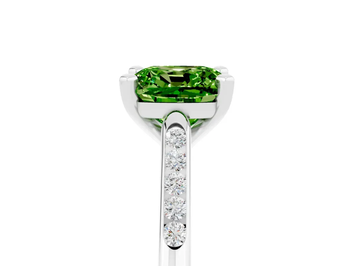 Cushion Cut Peridot Solitaire Ring with Channel Set Round Band and Prong Setting Silver