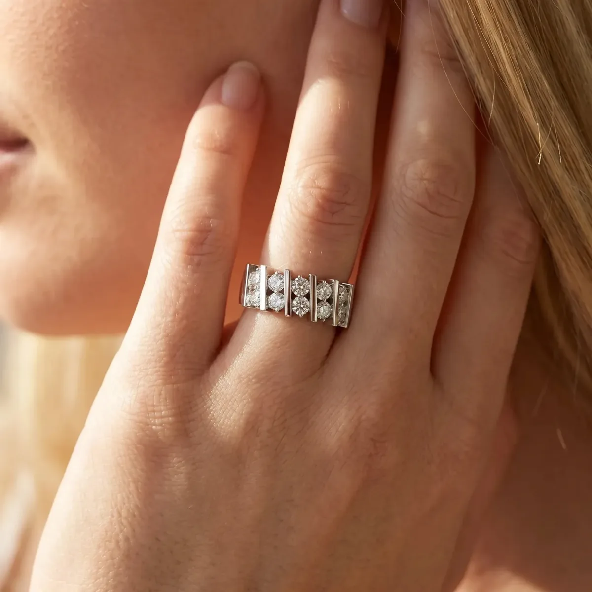 Channel Set Round Diamond Anniversary Band with Vertical Prongs Silver