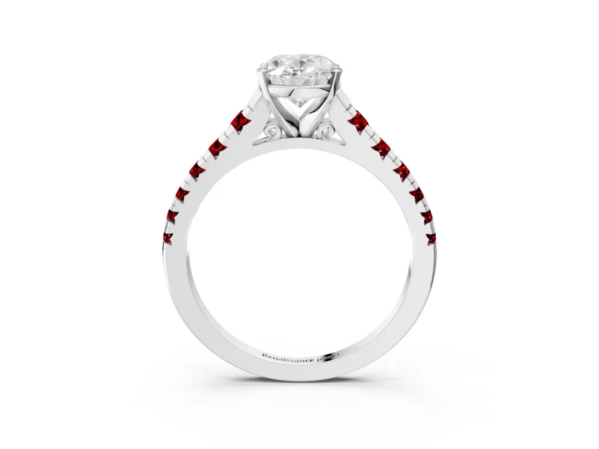 Oval Cut Diamond Cathedral Solitaire Ring with Round Ruby Pavé Band Silver