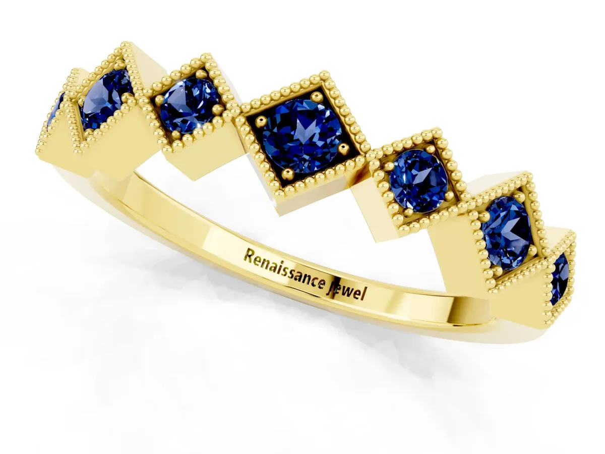 Milgrain Square Bezel Round Blue Sapphire Chevron Band Yellow gold