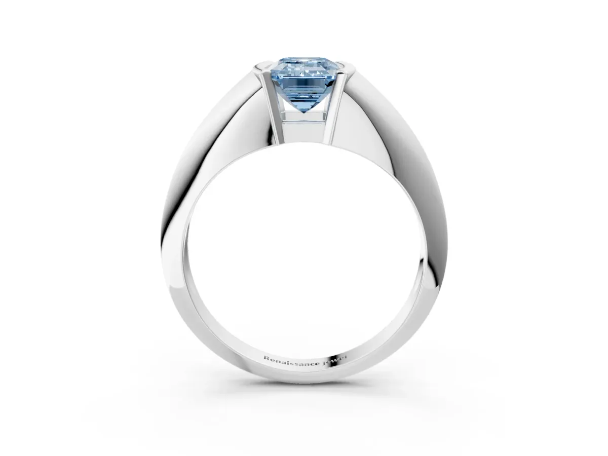 Fancy Blue Emerald Cut Solitaire Tension Set Diamond Ring Platinum