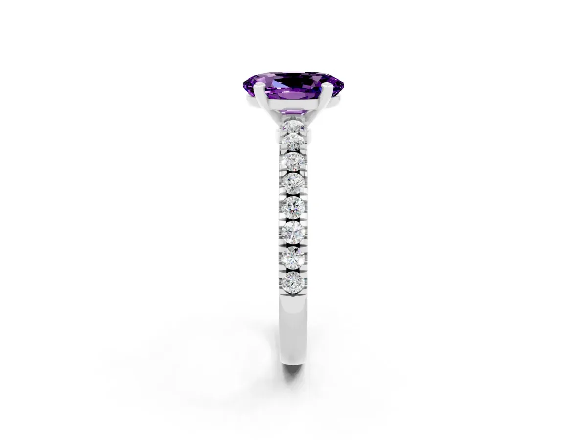 Oval Cut Solitaire Amethyst with Pavé Band and Four-Prong Setting Platinum