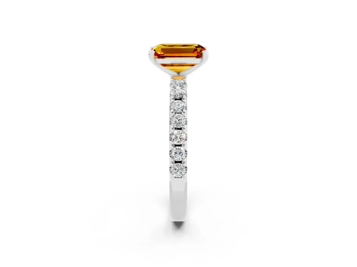 Emerald Cut Citrine Solitaire Pavé Band with Four-Prong Setting Platinum