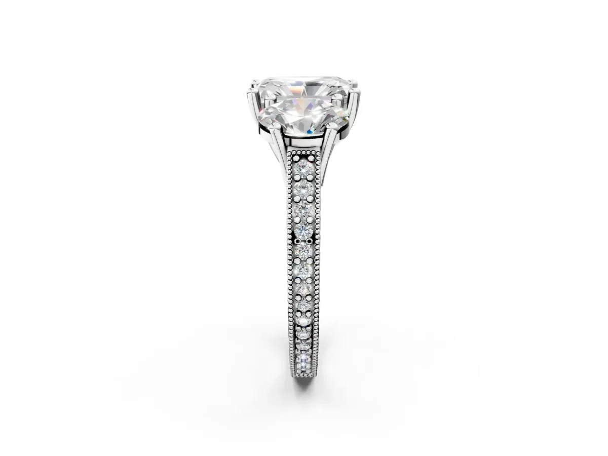 Three-Stone Radiant Cut Diamond Milgrain Pave Band with Prong Setting Platinum