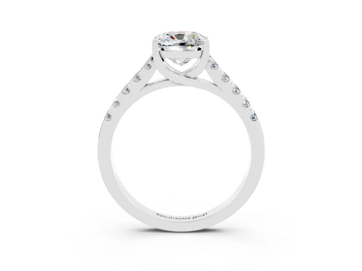 Cushion Cut Moissanite Pavé Band Solitaire Ring with Prong Setting Platinum