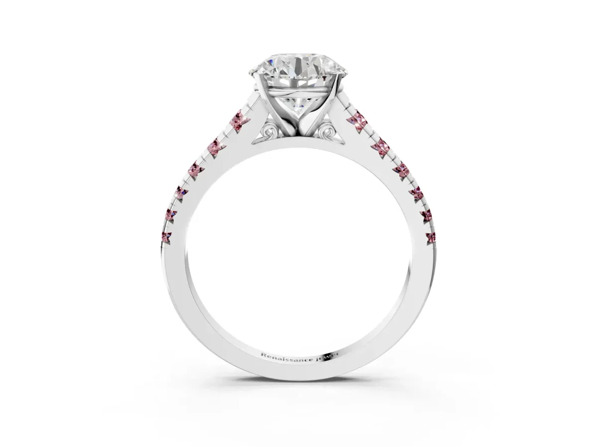 Round Cut Diamond Cathedral Solitaire Ring with Round Morganite Pavé Band Silver
