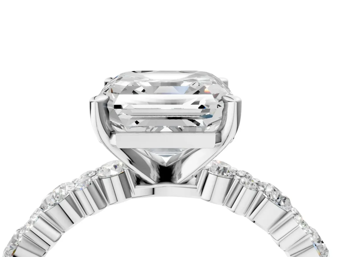 Asscher Cut Diamond Side Stone Solitaire Ring with Round Moissanite and Four-Prong Setting Platinum