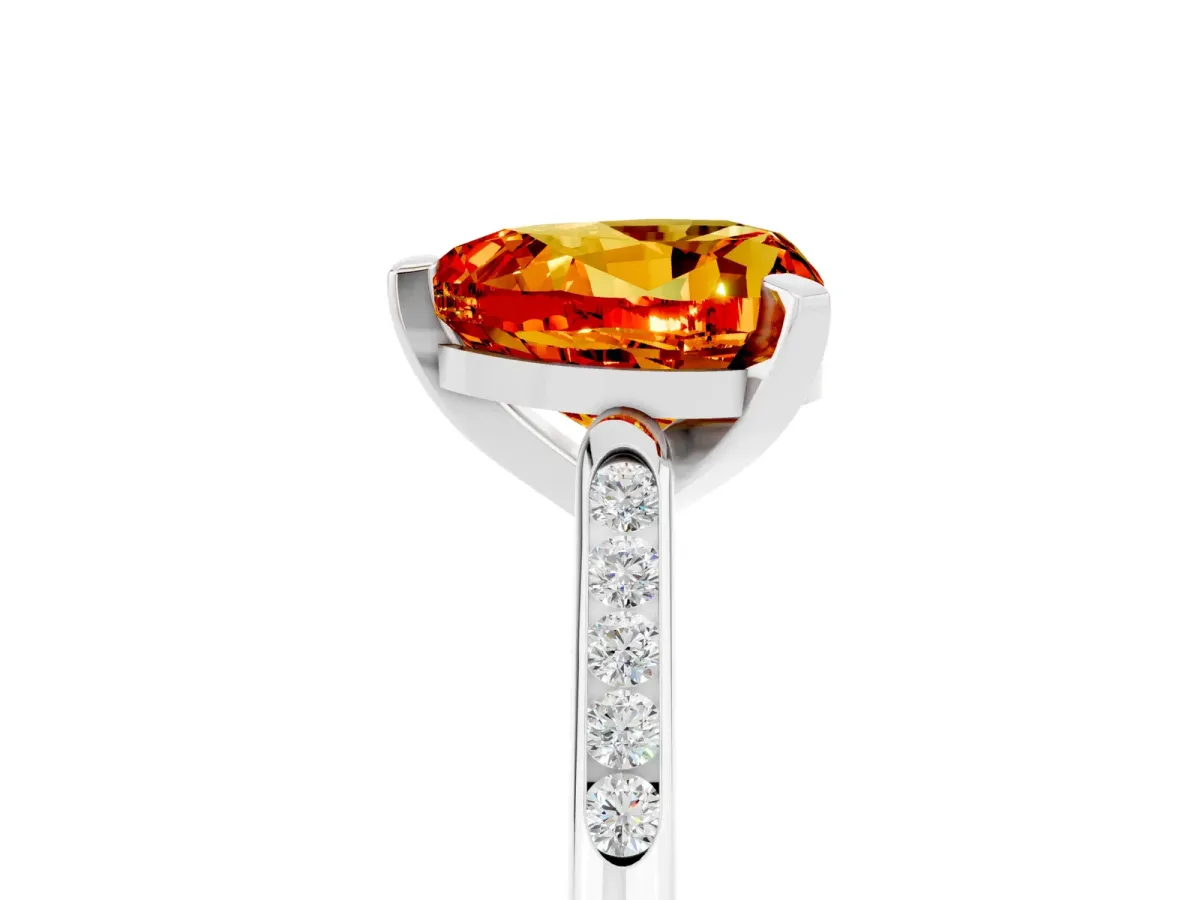 Heart Cut Citrine Solitaire Ring with Channel Set Round Band and Prong Setting Silver