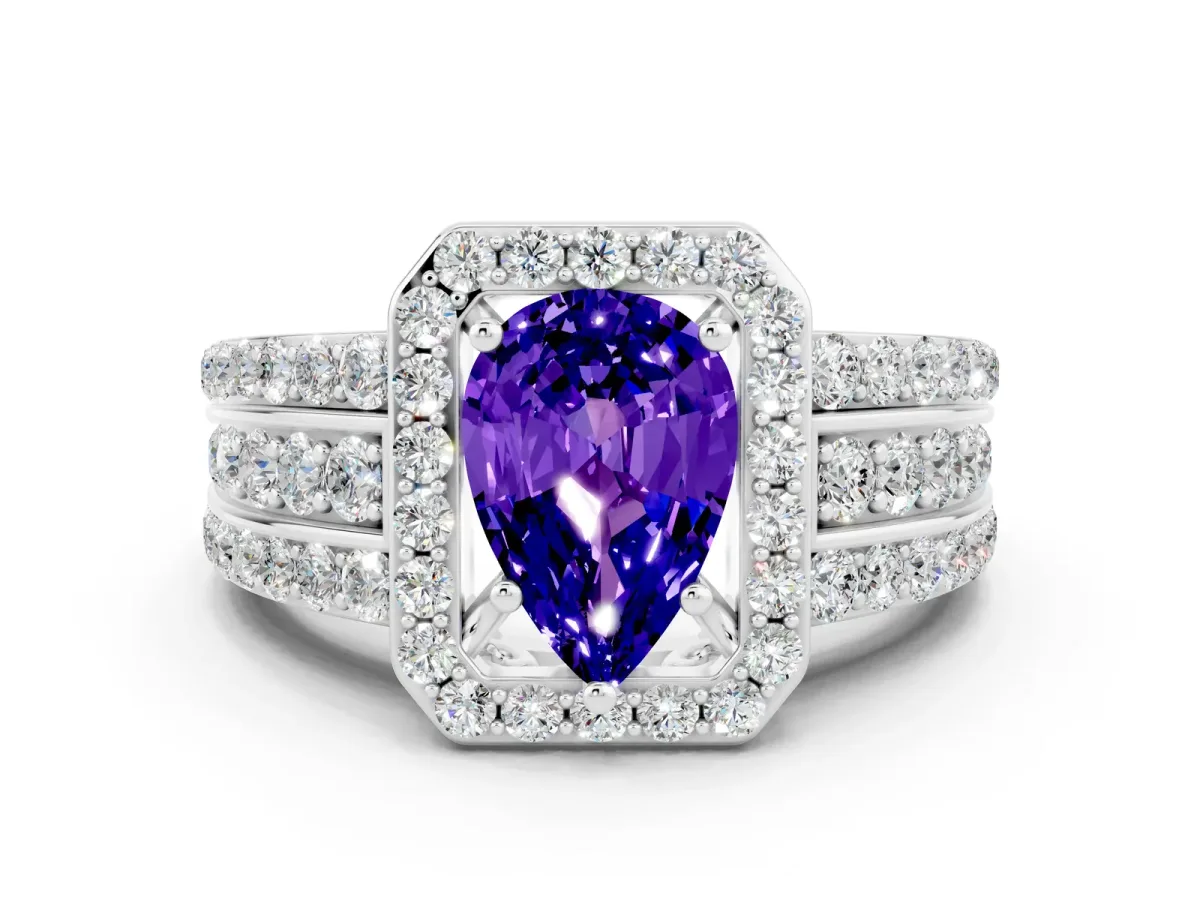 Pear Cut Halo Tanzanite Ring with Round Split Shank and Prong Setting White gold