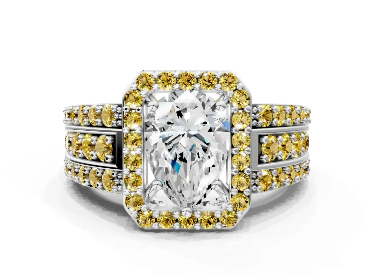 Pear Cut Halo Diamond Ring with Round Yellow Sapphire Split Shank and Prong Setting Silver