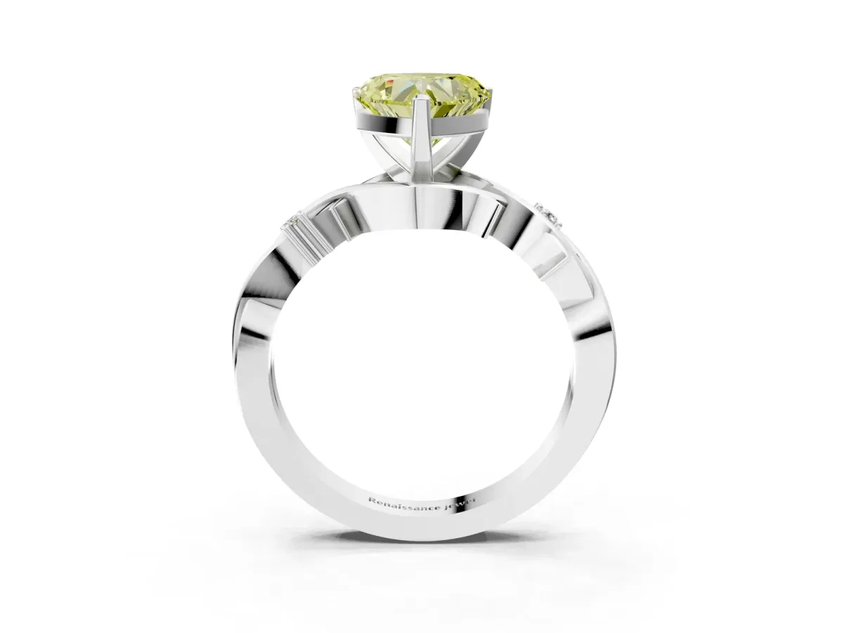 Fancy Yellow Heart Cut Diamond Solitaire Ring with Twisted Band and Prong Setting Silver