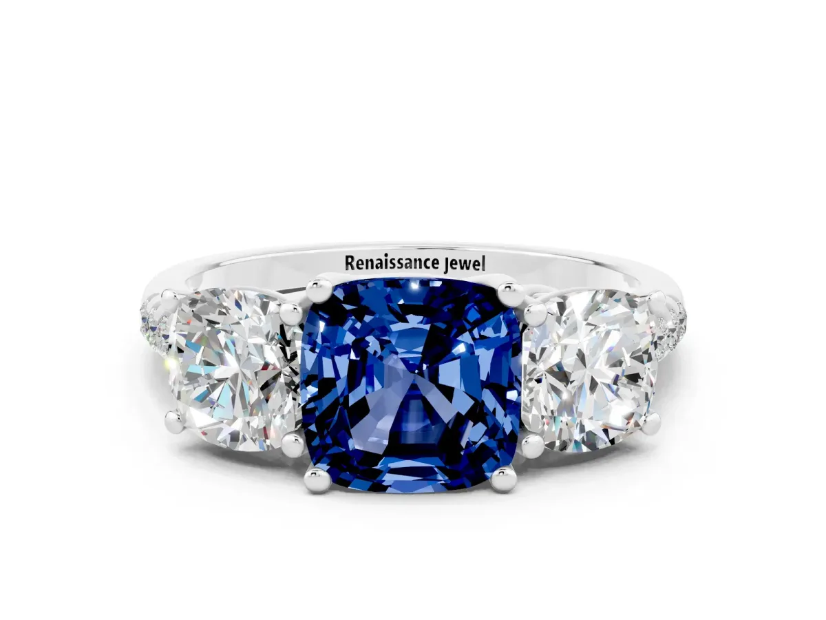 Three-Stone Cushion Cut Blue Sapphire Ring with Round Pavé Band and Prong Setting Silver