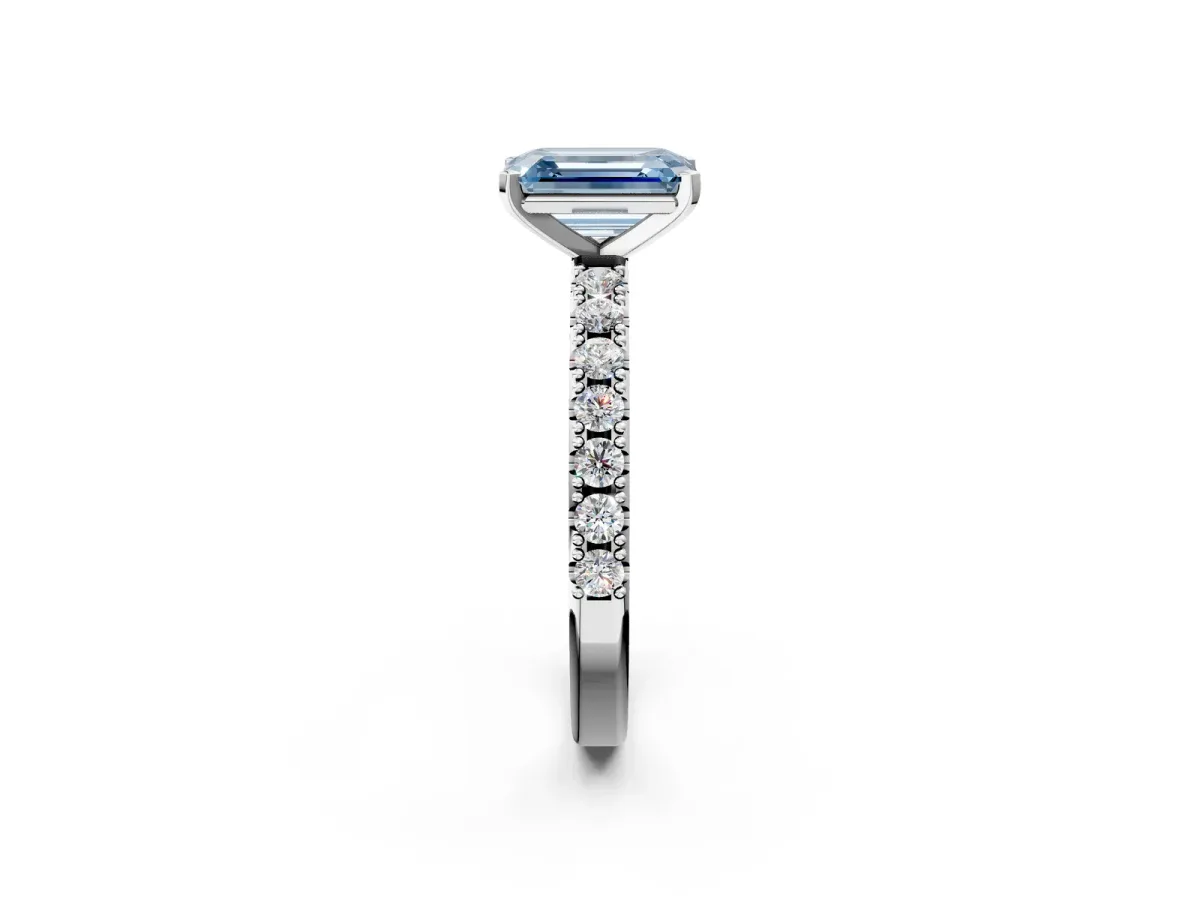 Fancy Blue Emerald Cut Diamond Solitaire Pavé Band with Four-Prong Setting Silver