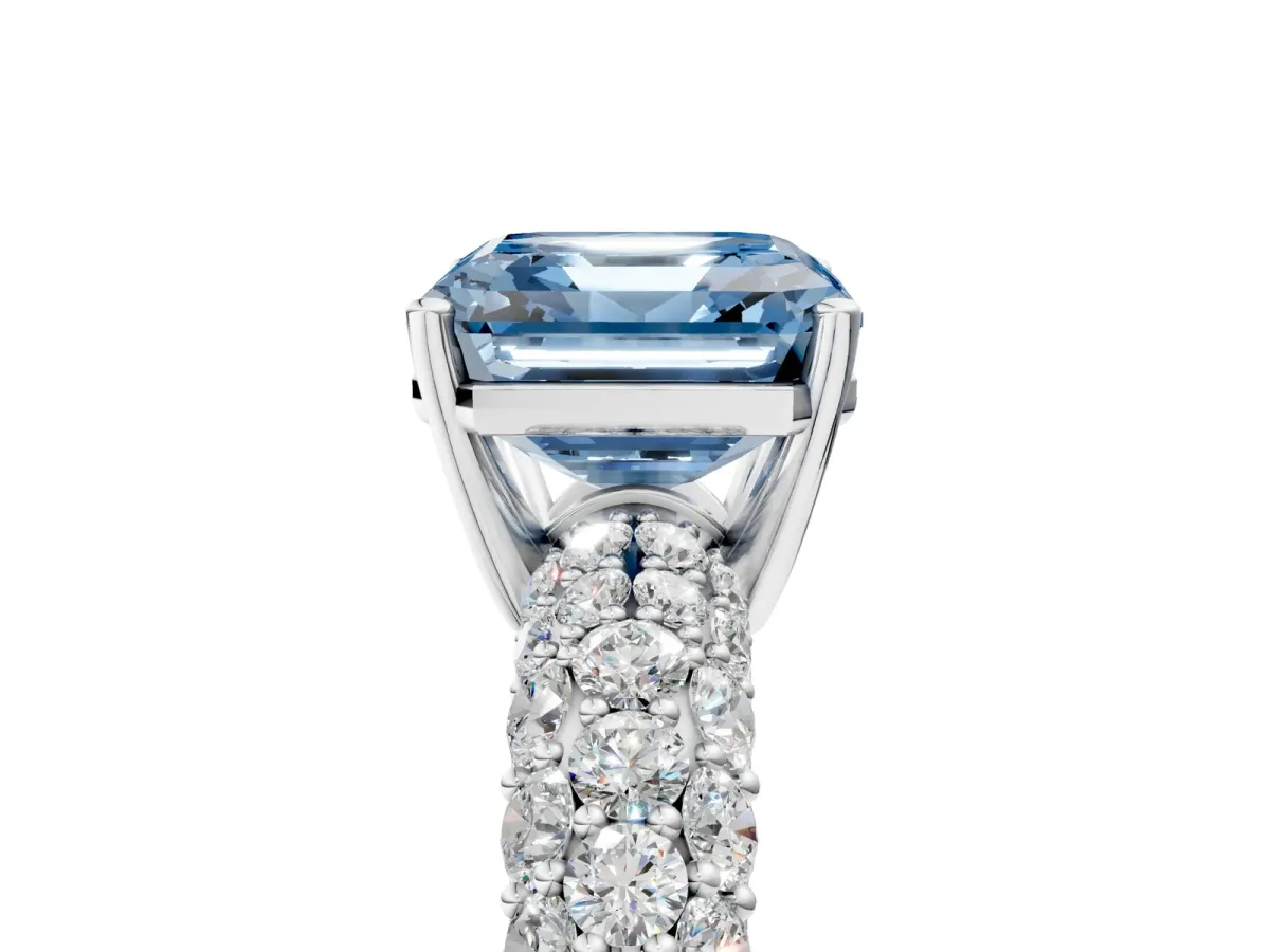 Fancy Blue Asscher Cut Diamond Pavé Band Solitaire Ring with Four-Prong Setting Platinum