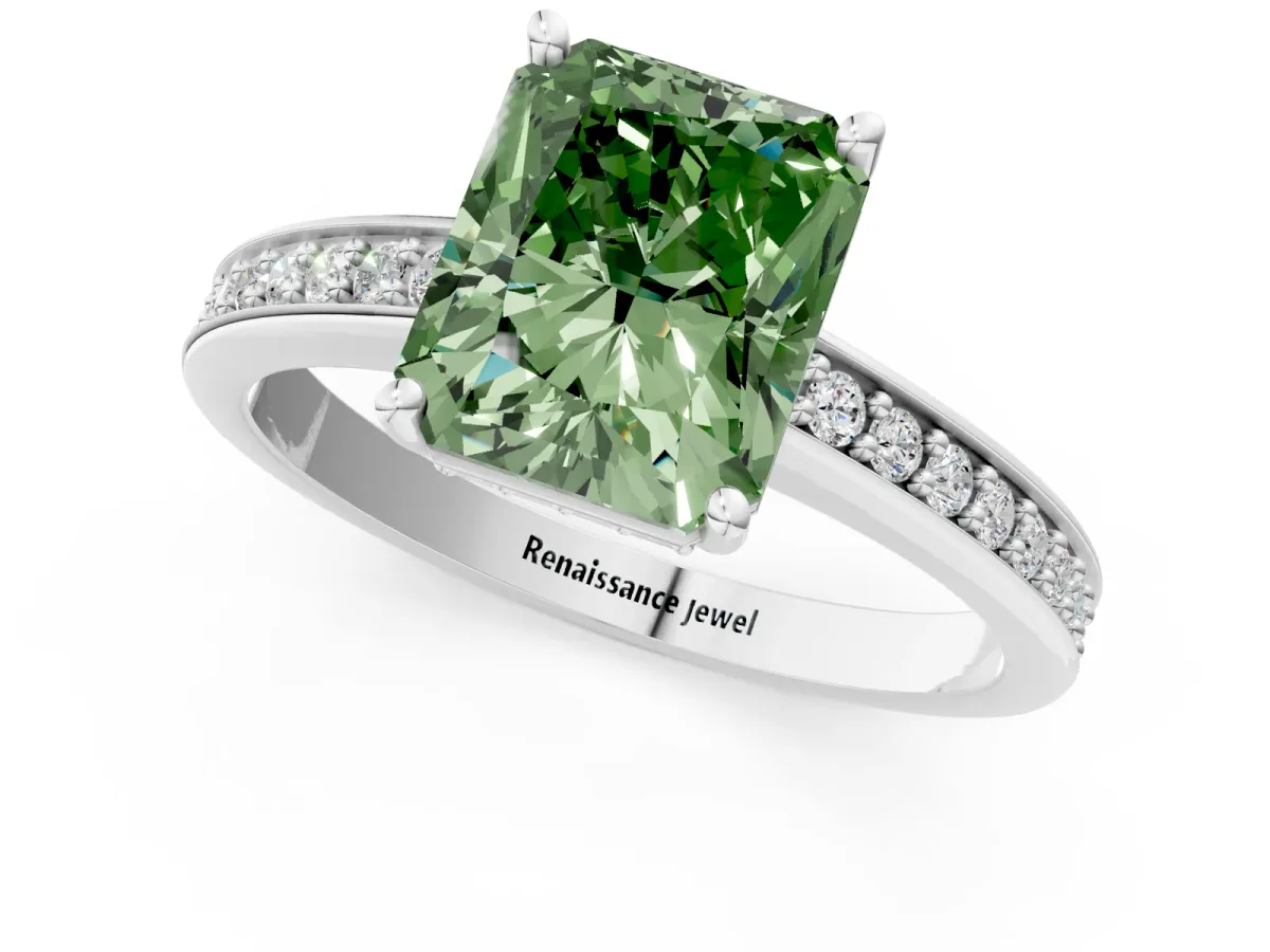Fancy Green Radiant Cut Solitaire Pavé Band Prong Setting Ring Platinum