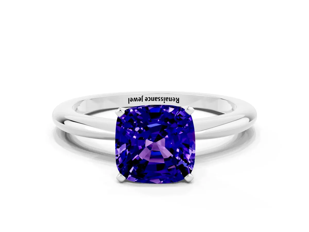 Cushion Cut Tanzanite Solitaire Ring with Six-Prong Setting and Classic Band Silver