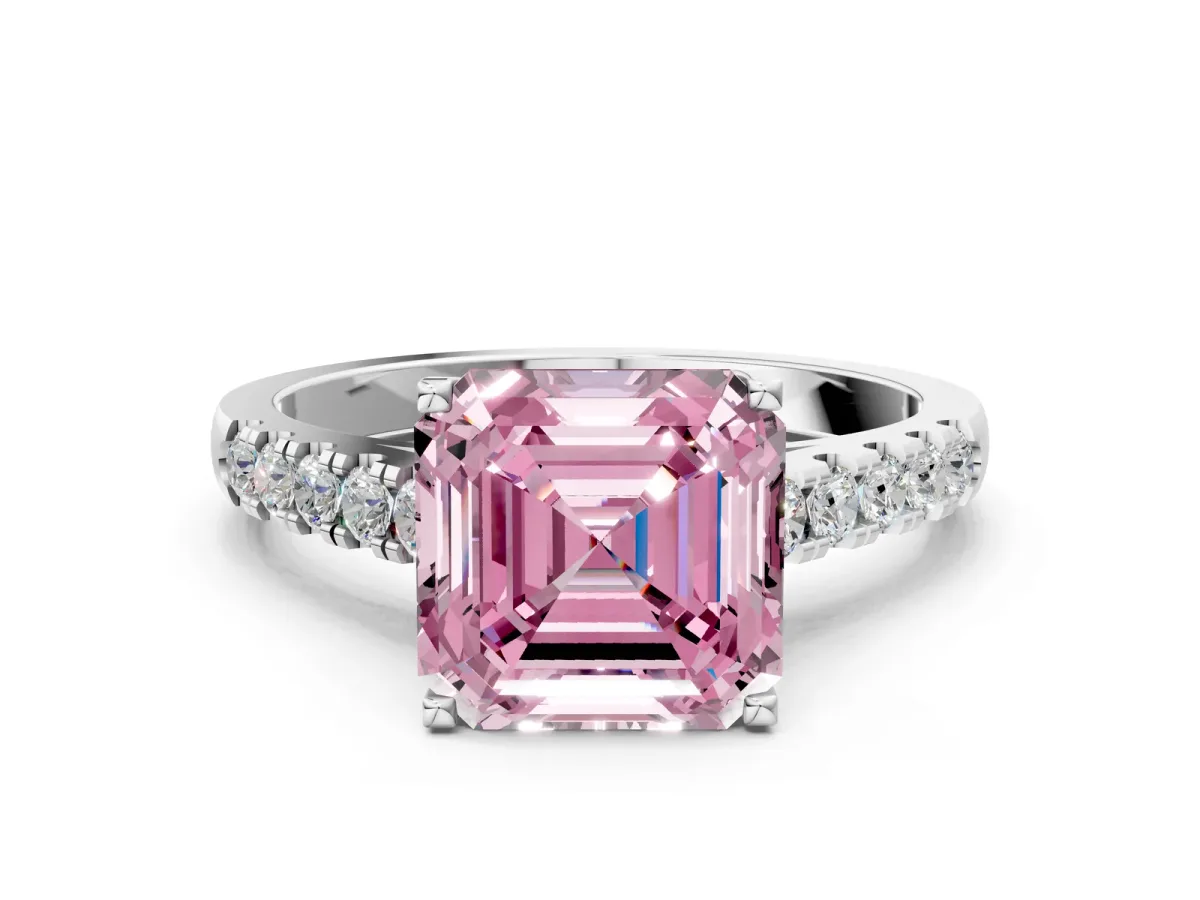 Fancy Pink Asscher Cut Diamond Pavé Band Solitaire Ring with Prong Setting Platinum