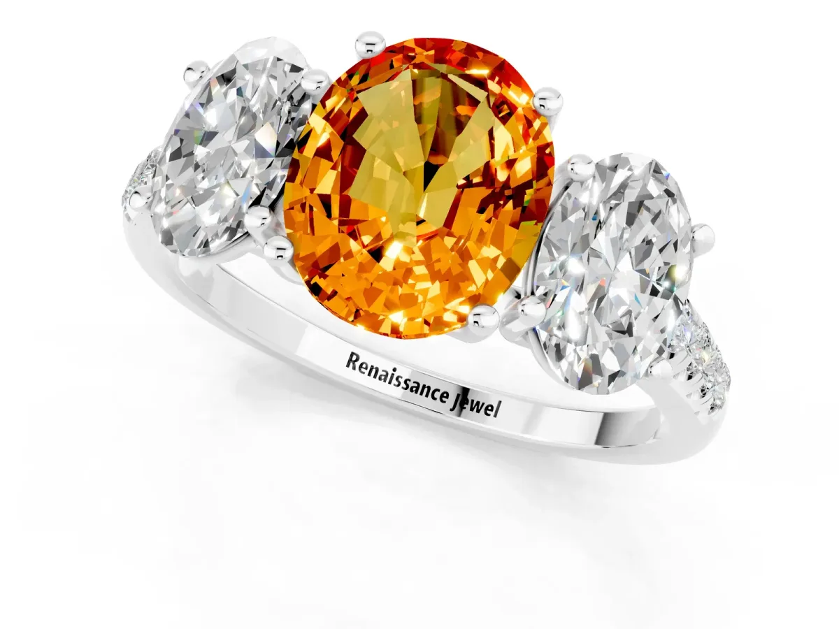 Three-Stone Oval Cut Citrine Ring with Round Pavé Band and Prong Setting Silver