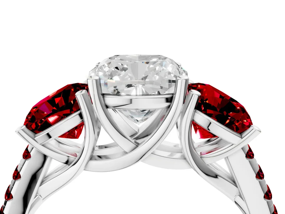Three-Stone Cushion Cut Diamond Ring with Round Ruby Pavé Band and Prong Setting White gold